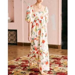 Sezane 4 Carlotta Dress $450 Linen Puff Sleeve Floral Poppy Maxi Dress 36